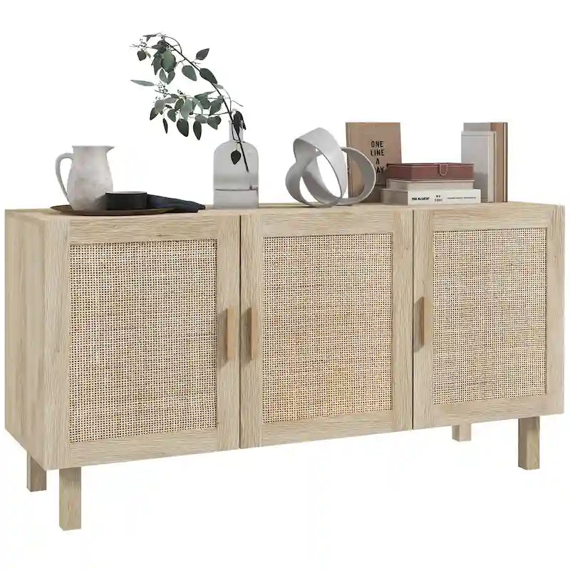 Boho Sideboard Buffet Cabinet with 3 Rattan Doors and Adjustable Shelves