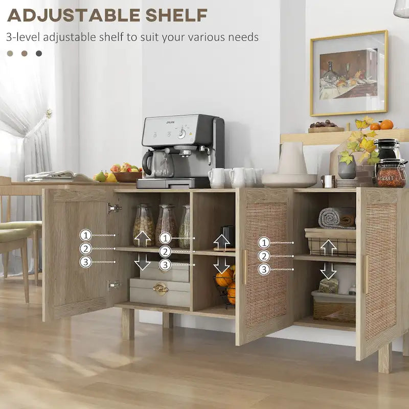 Boho Sideboard Buffet Cabinet with 3 Rattan Doors and Adjustable Shelves