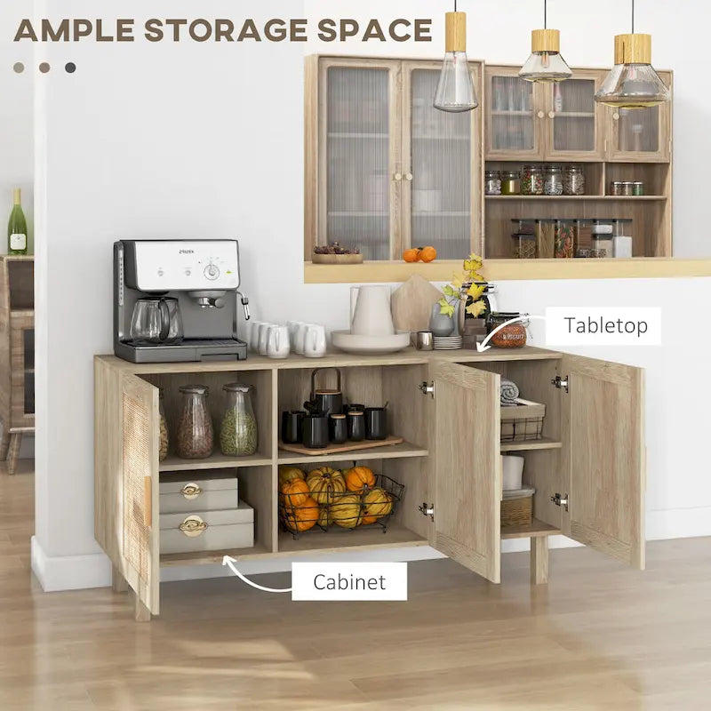 Boho Sideboard Buffet Cabinet with 3 Rattan Doors and Adjustable Shelves