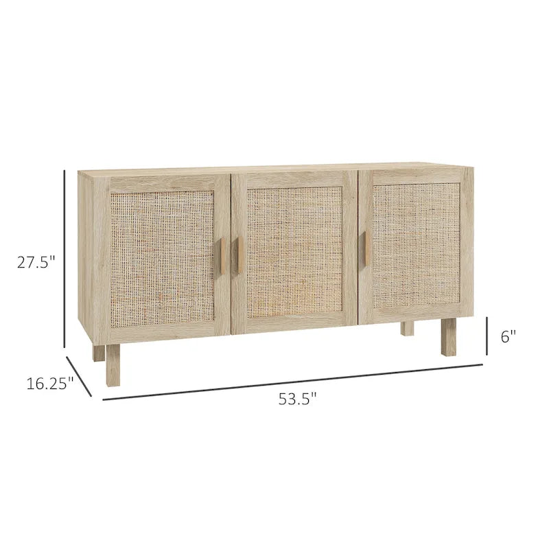 Boho Sideboard Buffet Cabinet with 3 Rattan Doors and Adjustable Shelves