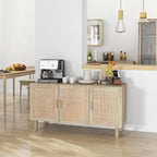 Boho Sideboard Buffet Cabinet with 3 Rattan Doors and Adjustable Shelves