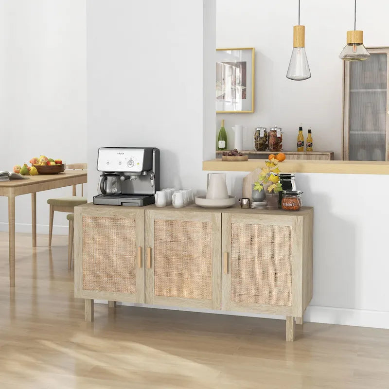 Boho Sideboard Buffet Cabinet with 3 Rattan Doors and Adjustable Shelves