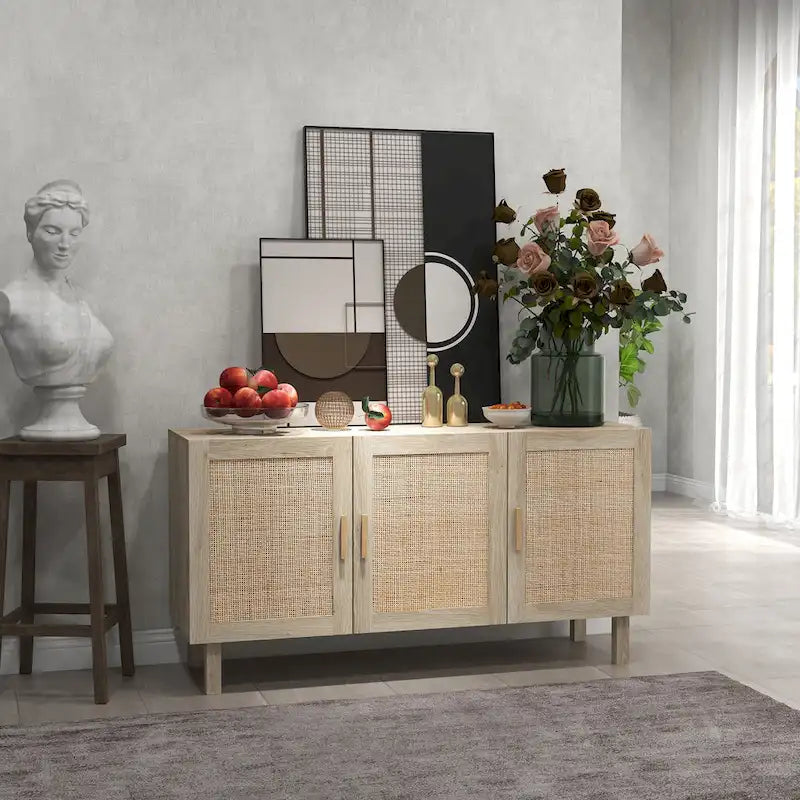 Boho Sideboard Buffet Cabinet with 3 Rattan Doors and Adjustable Shelves