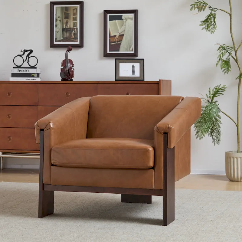 Mid-Century Modern PU Leather Accent Arm Chair Caramel