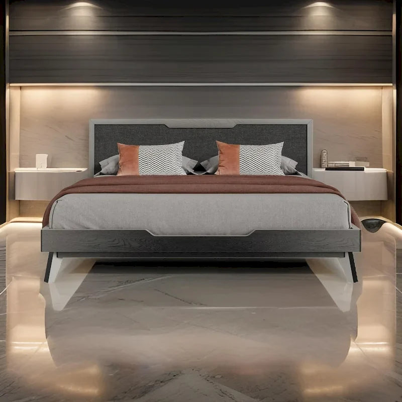 Kiran King Size Platform Bed, Gray Upholstered Headboard, Wood Frame