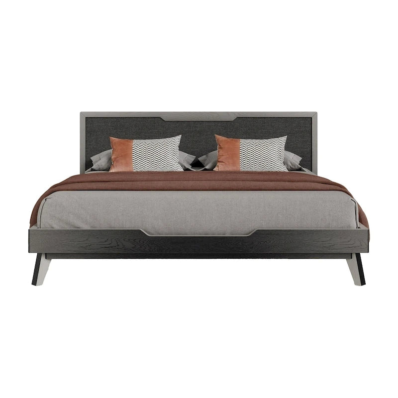 King Size Platform Bed, Gray Upholstered Headboard, Wood Frame