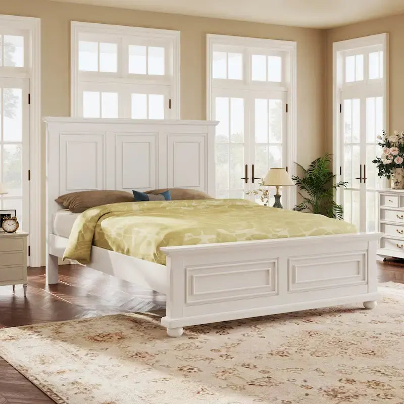 Vintage Style King Size Wooden Platform Bed with Fretwork Headboard