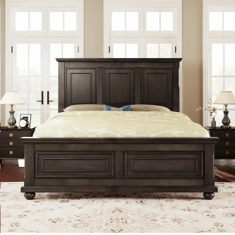 Vintage Style King Size Wooden Platform Bed with Fretwork Headboard