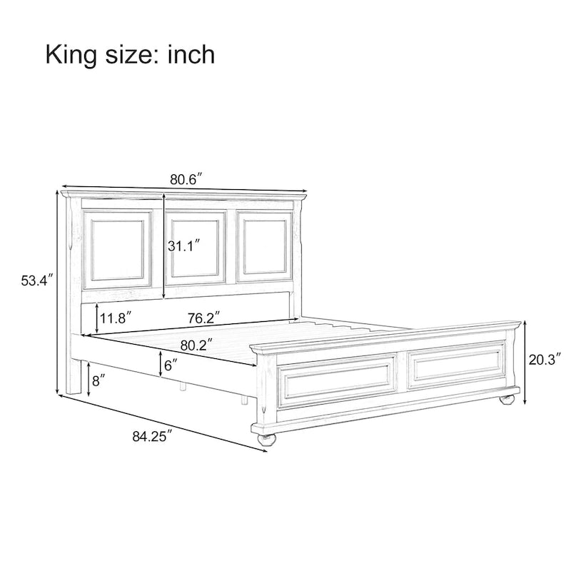 Vintage Style King Size Wooden Platform Bed with Fretwork Headboard
