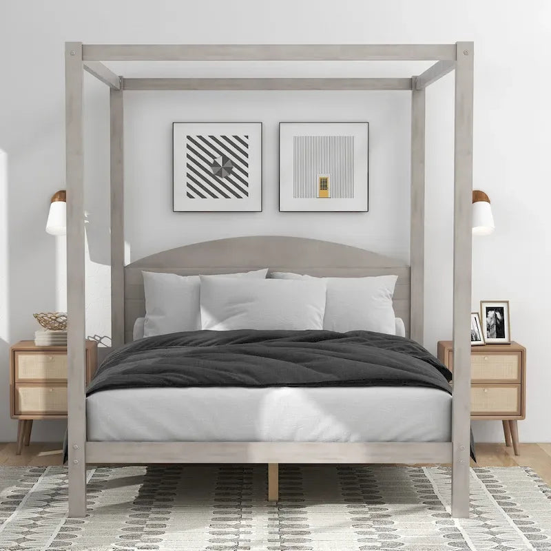 Himmelbett aus Kiefernholz mit Kopfteil und gewaschenem Finish