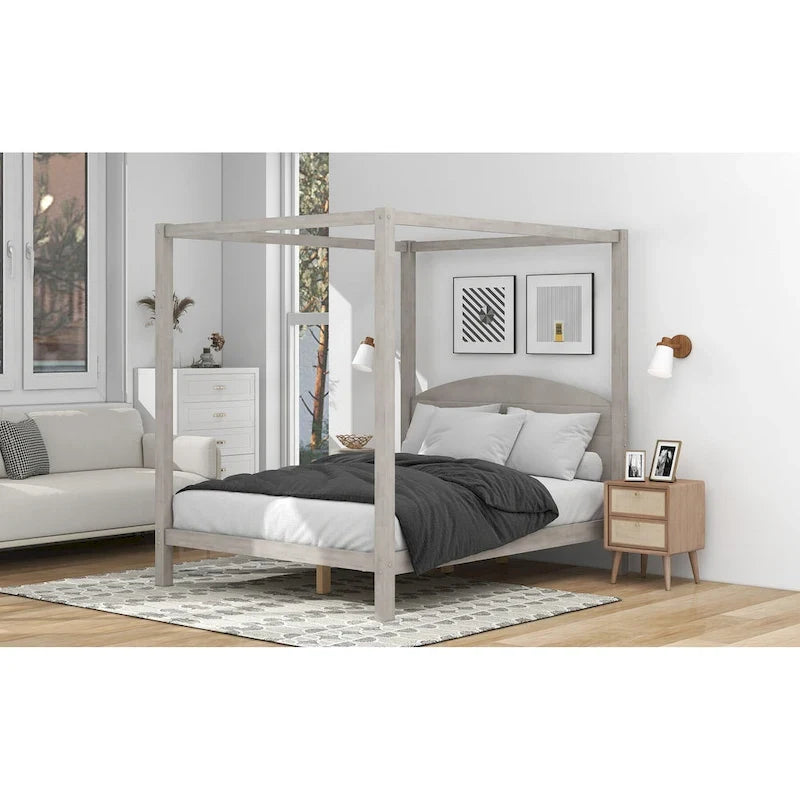 Pine Wood Canopy Platform Bed with Headboard and Wash Finish