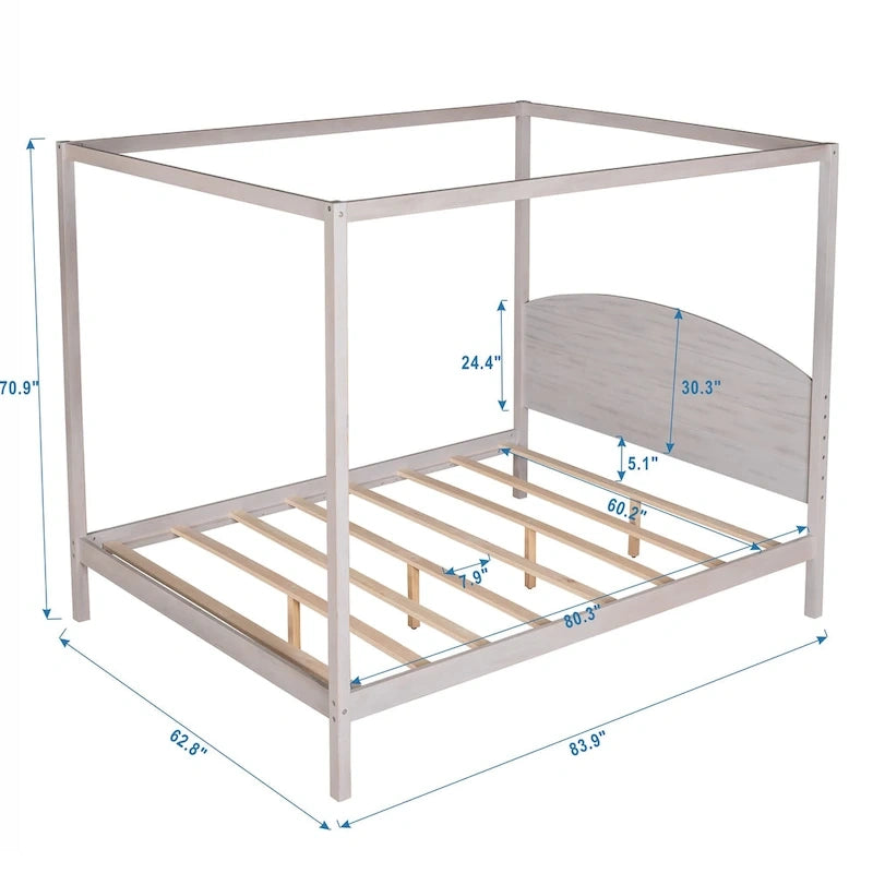 Himmelbett aus Kiefernholz mit Kopfteil und gewaschenem Finish