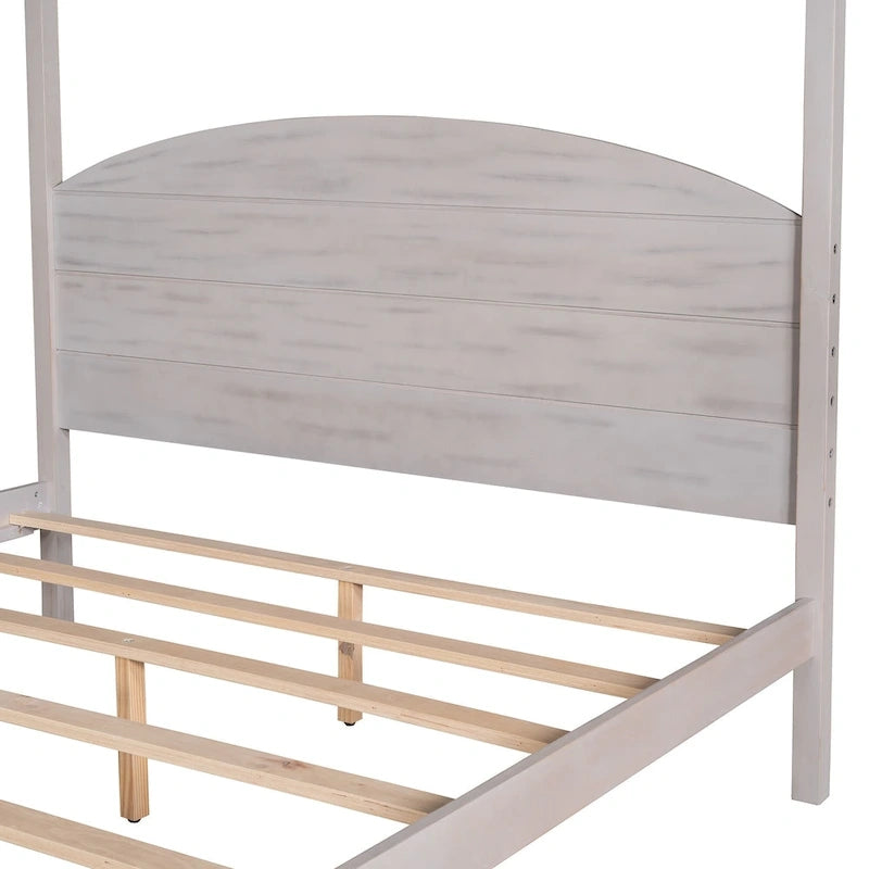 Pine Wood Canopy Platform Bed with Headboard and Wash Finish