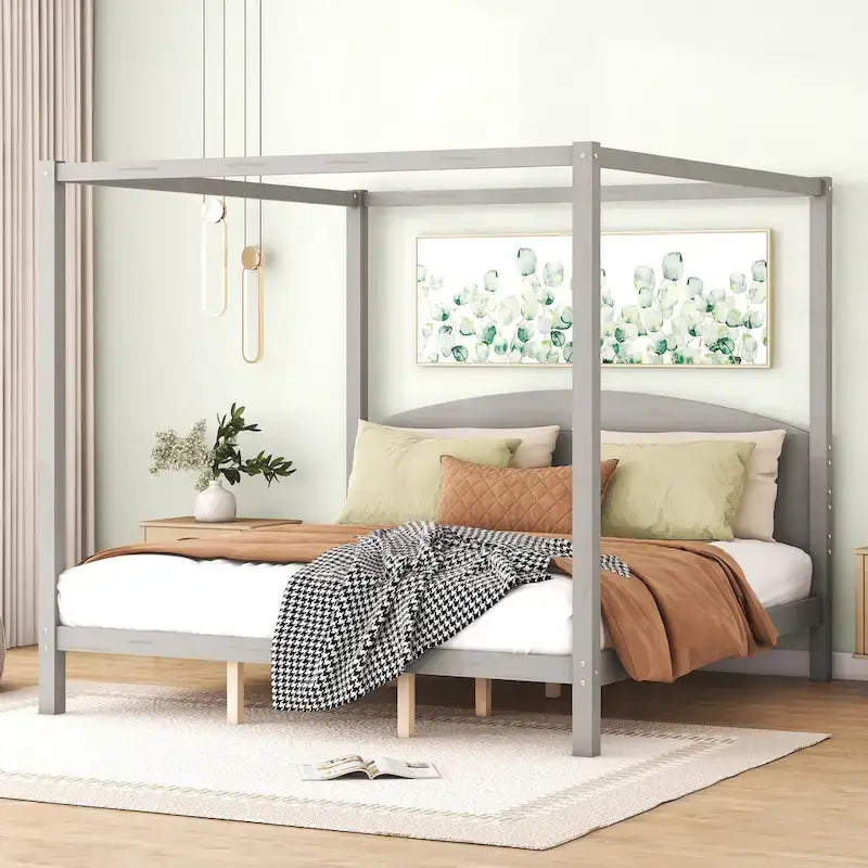Himmelbett aus Kiefernholz mit Kopfteil und gewaschenem Finish