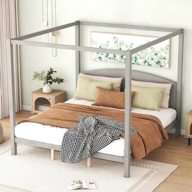 Himmelbett aus Kiefernholz mit Kopfteil und gewaschenem Finish