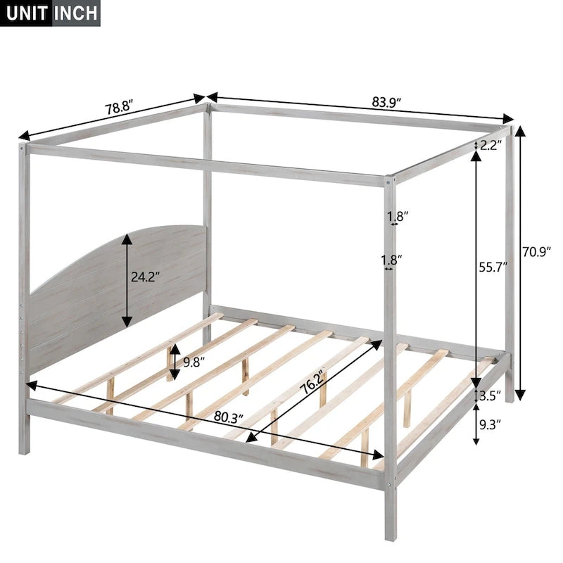 Himmelbett aus Kiefernholz mit Kopfteil und gewaschenem Finish