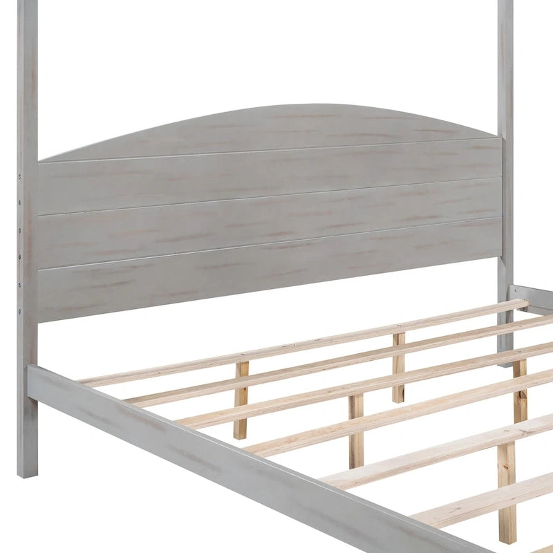 Himmelbett aus Kiefernholz mit Kopfteil und gewaschenem Finish