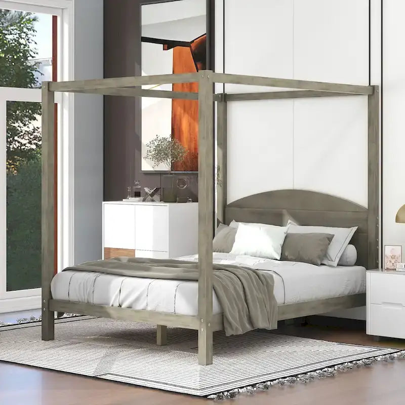 Himmelbett aus Kiefernholz mit Kopfteil und gewaschenem Finish