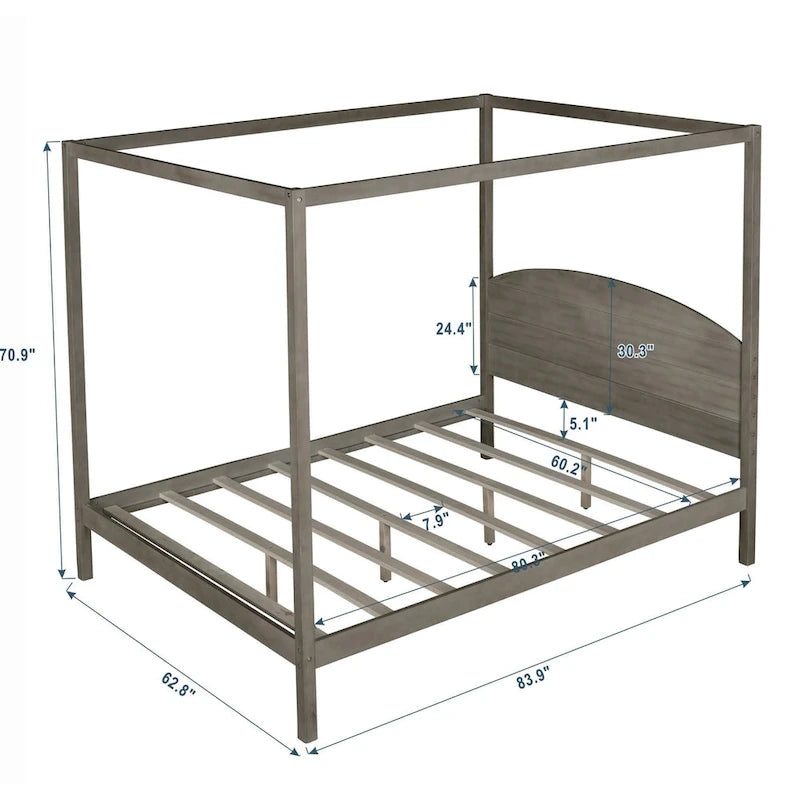 Himmelbett aus Kiefernholz mit Kopfteil und gewaschenem Finish
