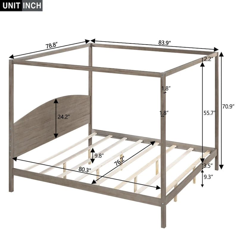 Himmelbett aus Kiefernholz mit Kopfteil und gewaschenem Finish