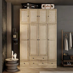 Natural Charm Wooden Armoire Rattan Panel Doors Ample Storage Wardrobe