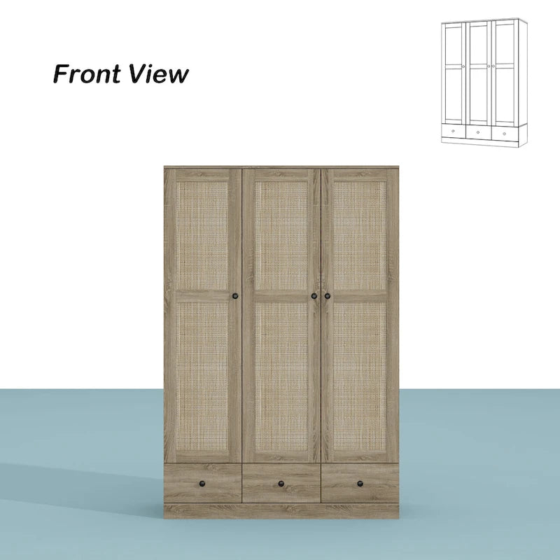 Natural Charm Wooden Armoire Rattan Panel Doors Ample Storage Wardrobe