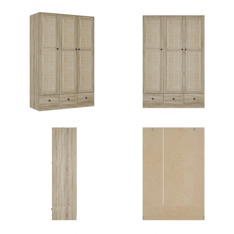 Natural Charm Wooden Armoire Rattan Panel Doors Ample Storage Wardrobe