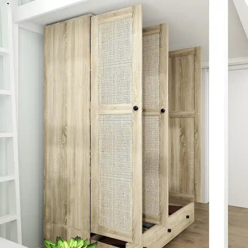Natural Charm Wooden Armoire Rattan Panel Doors Ample Storage Wardrobe