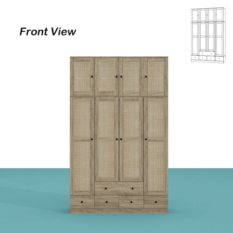 Natural Charm Wooden Armoire Rattan Panel Doors Ample Storage Wardrobe