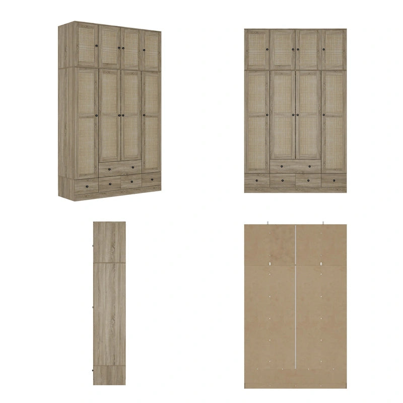 Natural Charm Wooden Armoire Rattan Panel Doors Ample Storage Wardrobe