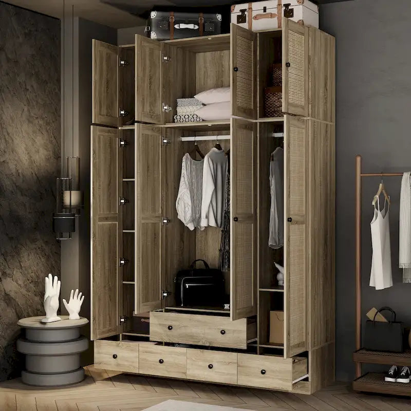 Natural Charm Wooden Armoire Rattan Panel Doors Ample Storage Wardrobe