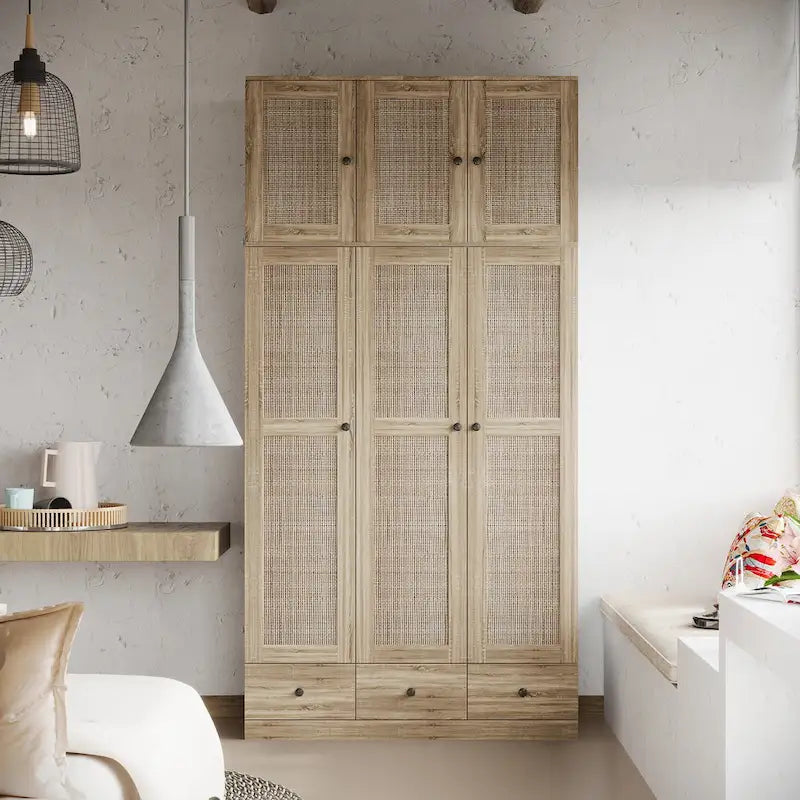 Natural Charm Wooden Armoire Rattan Panel Doors Ample Storage Wardrobe