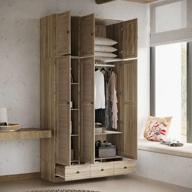 Natural Charm Wooden Armoire Rattan Panel Doors Ample Storage Wardrobe