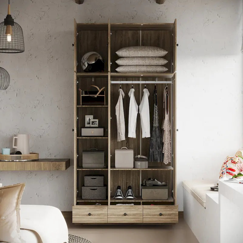 Natural Charm Wooden Armoire Rattan Panel Doors Ample Storage Wardrobe