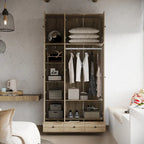 Natural Charm Wooden Armoire Rattan Panel Doors Ample Storage Wardrobe