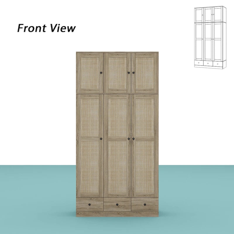 Natural Charm Wooden Armoire Rattan Panel Doors Ample Storage Wardrobe