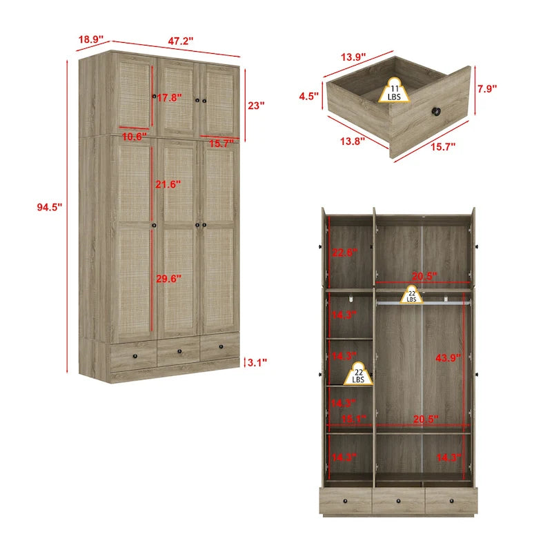 Natural Charm Wooden Armoire Rattan Panel Doors Ample Storage Wardrobe