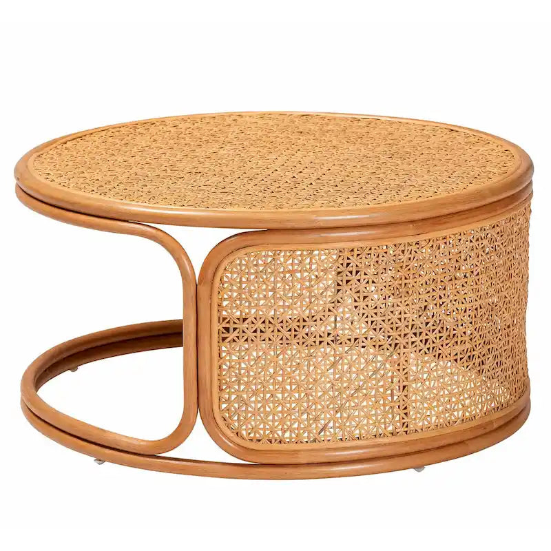 Bohemian Handcrafted Natural Rattan Round Coffee Table Fully Assembled