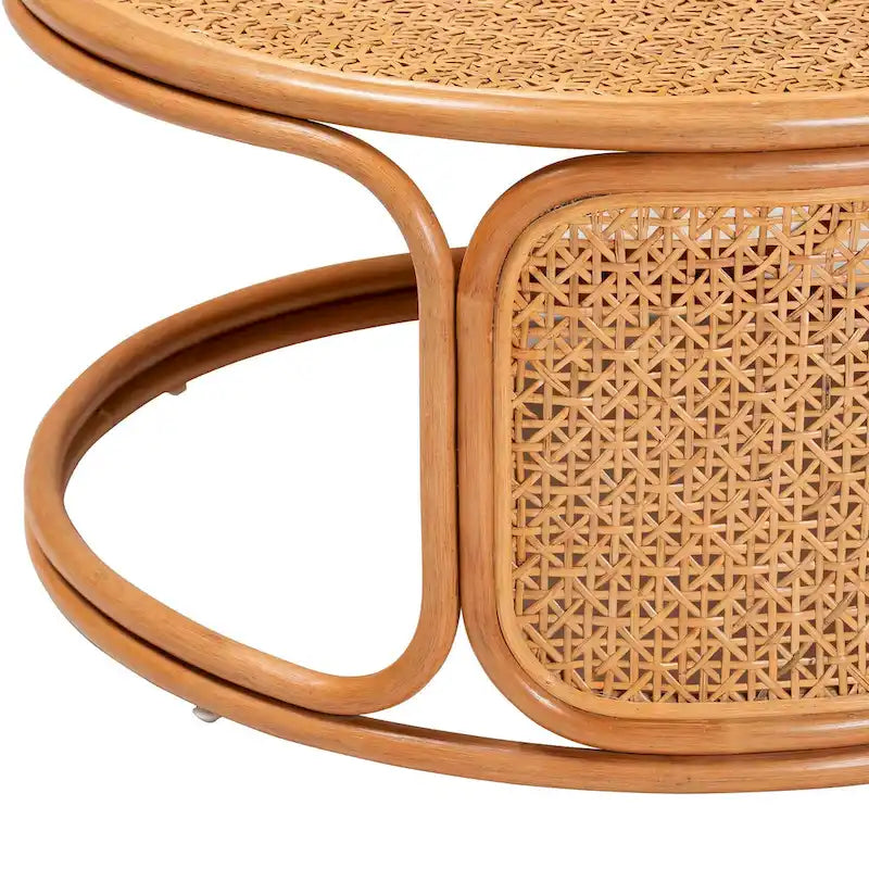 Bohemian Handcrafted Natural Rattan Round Coffee Table Fully Assembled