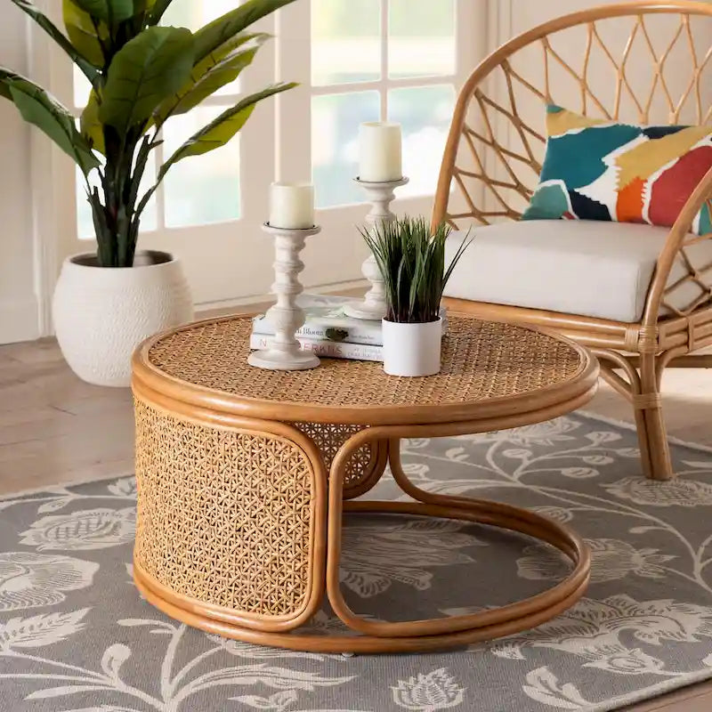 Bohemian Handcrafted Natural Rattan Round Coffee Table Fully Assembled