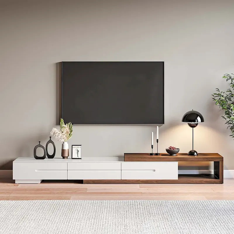 Modern Extendable White TV Stand, Solid Wood Media Console for Up to 100 Inch TV with 3 Drawers, Fully-Assembled, Walnut Veneer