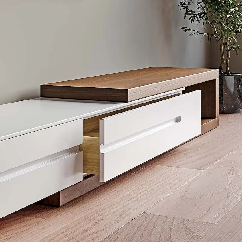 Extendable TV Stand with Walnut Veneer and Soft-Close Drawers