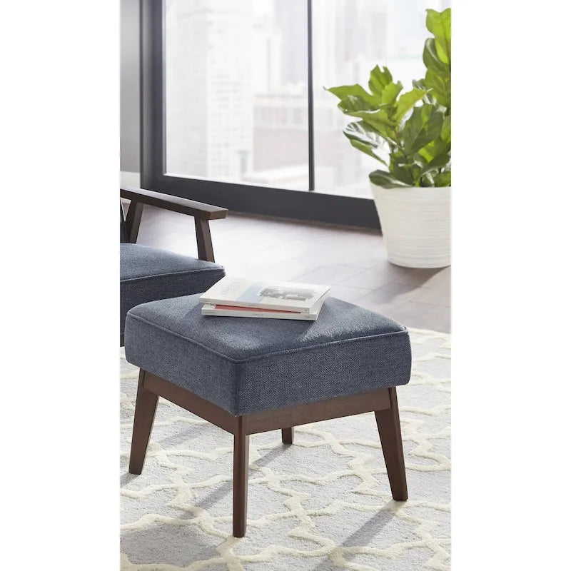 Mid-Century Modern Linen Upholstered Ottoman with Rubberwood Legs