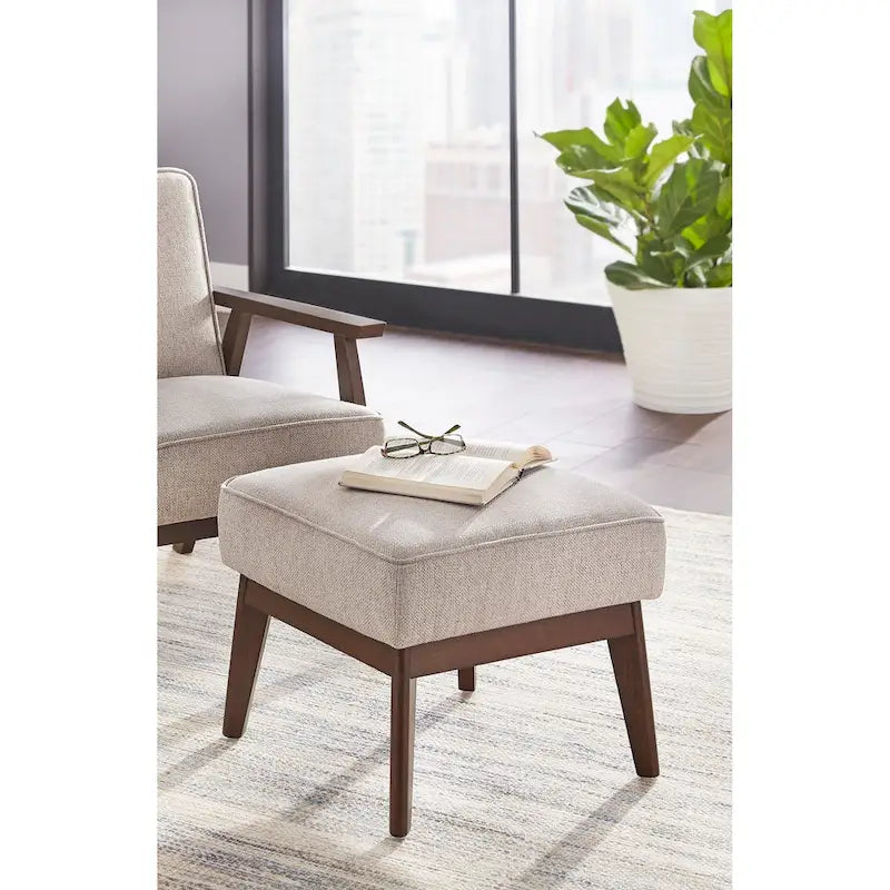 Mid-Century Modern Linen Upholstered Ottoman with Rubberwood Legs