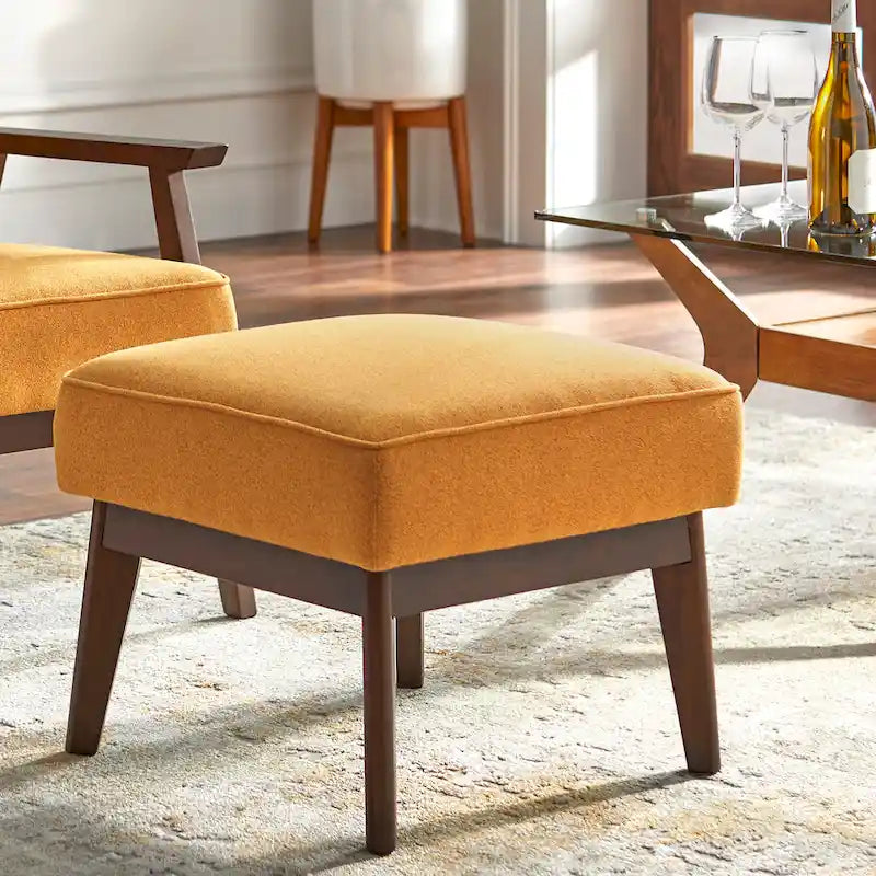 Mid-Century Modern Linen Upholstered Ottoman with Rubberwood Legs