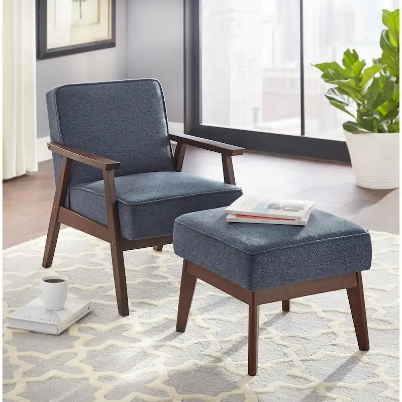 Mid-Century Modern Linen Upholstered Ottoman with Rubberwood Legs