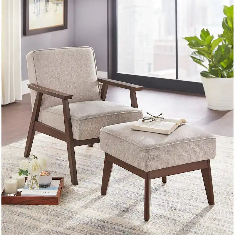 Ottomane im Mid-Century-Modern-Stil, mit Leinen gepolstert und Beinen aus Kautschukholz