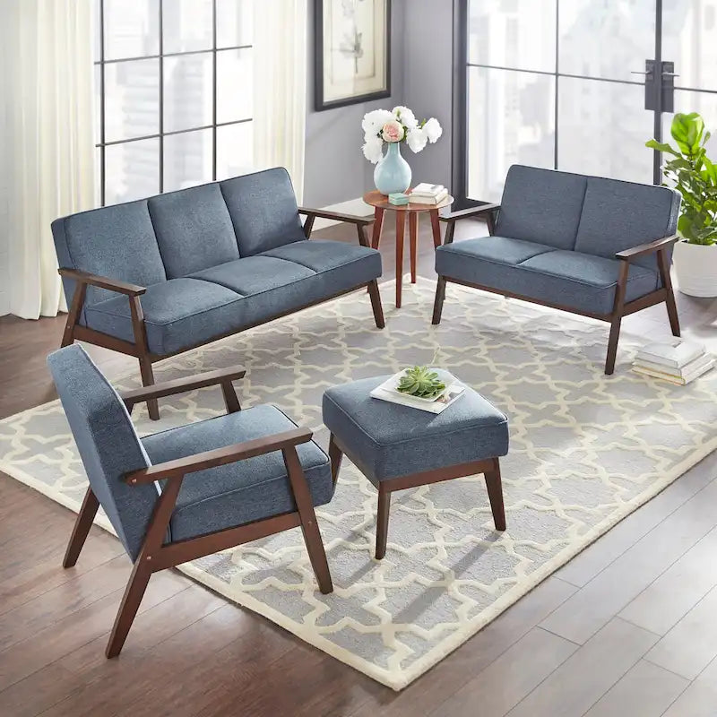 Ottomane im Mid-Century-Modern-Stil, mit Leinen gepolstert und Beinen aus Kautschukholz