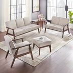 Ottomane im Mid-Century-Modern-Stil, mit Leinen gepolstert und Beinen aus Kautschukholz