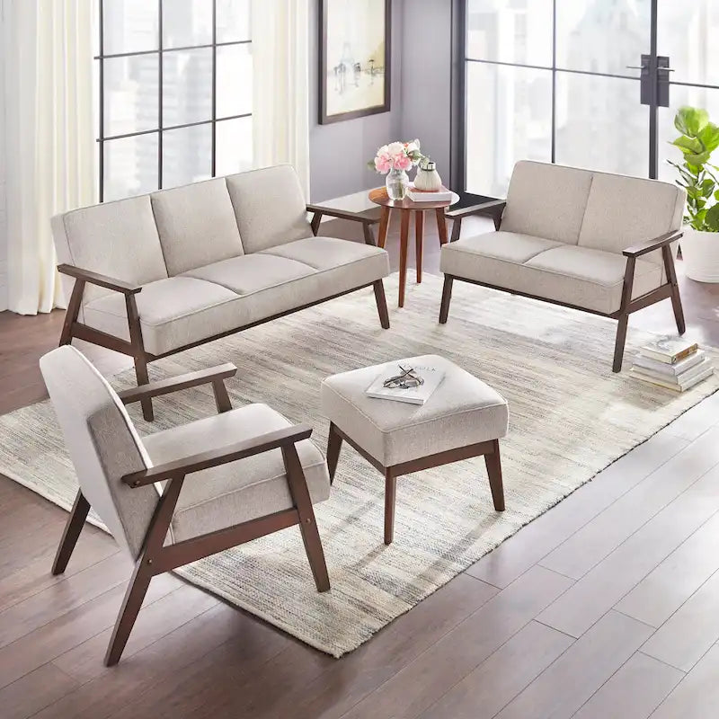 Ottomane im Mid-Century-Modern-Stil, mit Leinen gepolstert und Beinen aus Kautschukholz